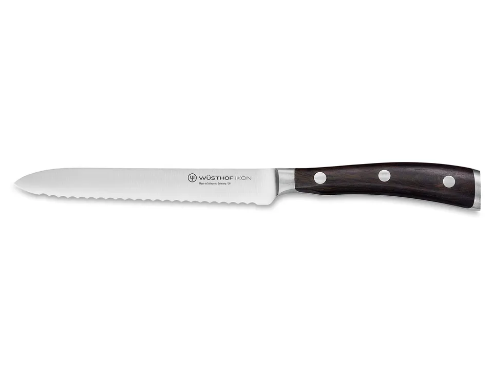 w-sthof-ikon-couteau-saucisson-14-cm-lame-dentel-e-manche-noir-double-mitre image 1