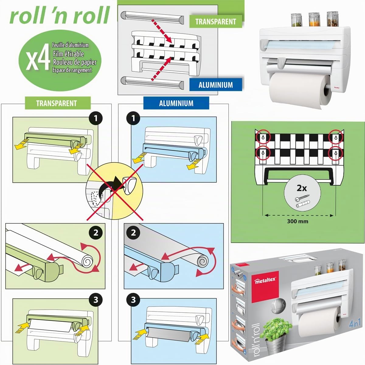 metaltex-254410-distributeur-d-essuie-tout-roll-n-roll-4-en-1-blanc-39-x-10-x-25 image 3